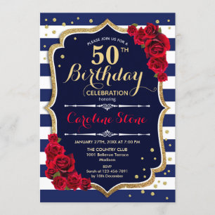 50歳の誕生日 - ネイビー 白のストライプと赤いバラ 招待状