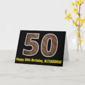 50歳の誕生日： ネーム + 偽木目パターン「50」 カード (黄色い花)
