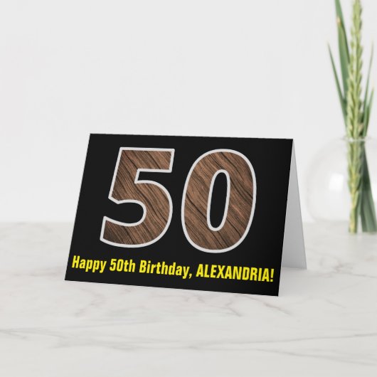 50歳の誕生日： ネーム + 偽木目パターン「50」 カード (正面)
