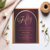 50歳の誕生日 バーガンディ ゴールド アーチ スクリプト エレガント 招待状