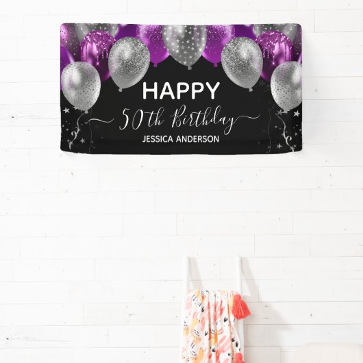 50歳の誕生日 パープル シルバー風船 バナー 横断幕 (インサイチュ)