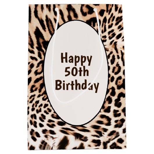 50歳の誕生日 ヒョウ柄のファー印刷 ミディアムペーパーバッグ (正面)