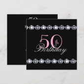 50歳の誕生日 ピンクのグリッターとダイヤモンドの招待状 招待状 (正面/裏面)