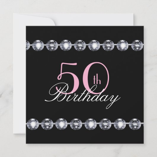 50歳の誕生日 ピンクのグリッターとダイヤモンドの招待状 招待状 (正面)
