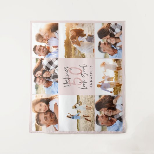 50歳の誕生日 ピンクの女の子らしいグリッター フォト コラージュ タペストリー (正面)