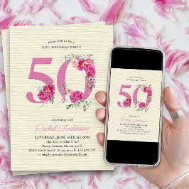 50歳の誕生日 ピンクの芍薬 フローラルナンバー50 招待状