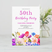 50歳の誕生日 ピンクの花 招待状 (スタンド正面)
