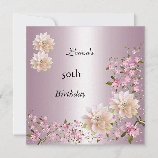 50歳の誕生日 ピンクの蓮の花 フラワー 招待状 (正面)
