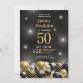 50歳の誕生日 ブラックゴールドバルーン パーティー 招待状 (正面)