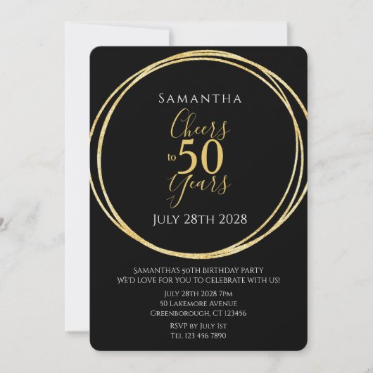 50歳の誕生日 ブラックゴールド 乾杯 50年 招待状 (正面)