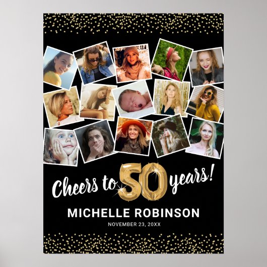 50歳の誕生日 ブラックゴールド 写真パーティー ポスター (正面)