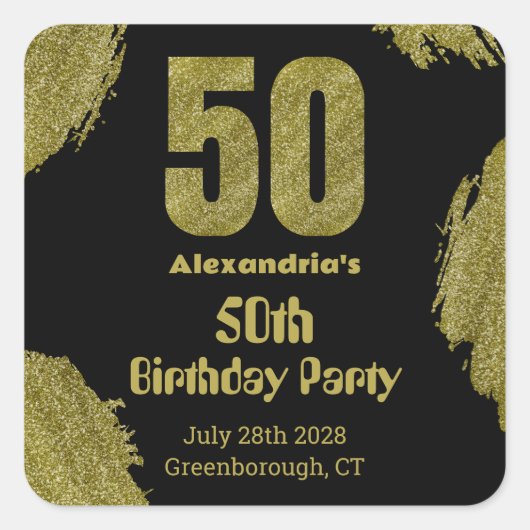 50歳の誕生日 ブラック ゴールド グリッター パーティー スクエアシール (正面)
