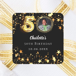 50歳の誕生日 ブラック ゴールド スターズ フォト スクエアシール