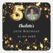 50歳の誕生日 ブラック ゴールド スターズ フォト スクエアシール (正面)