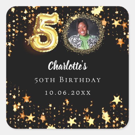 50歳の誕生日 ブラック ゴールド スターズ フォト スクエアシール (正面)