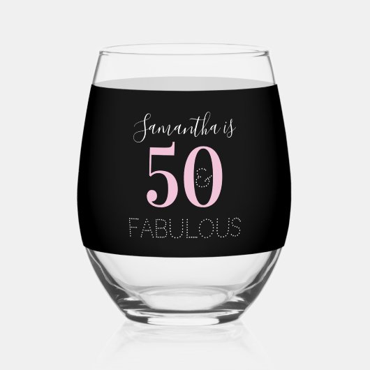 50歳の誕生日 ブラック ピンク 名入れ ステムなしワイングラス (正面)