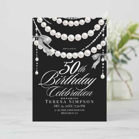50歳の誕生日 ブラック&ホワイト エレガント 招待状 (スタンド正面)