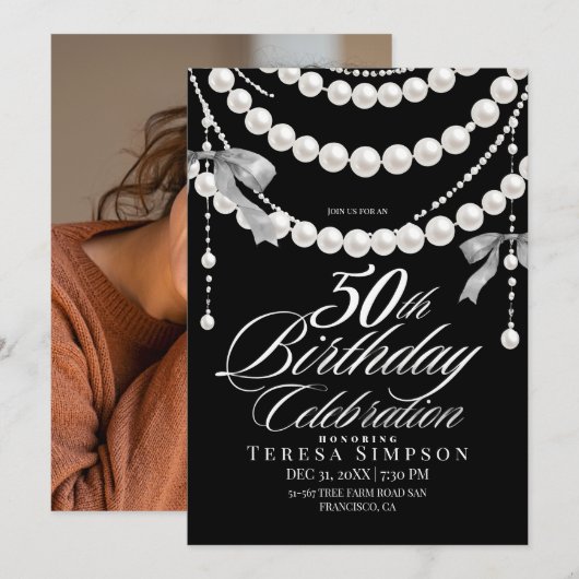 50歳の誕生日 ブラック&ホワイト 写真招待状 招待状 (正面/裏面)