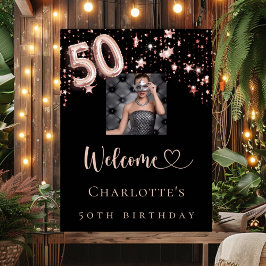50歳の誕生日 ブラック ローズゴールド 写真 星 ウェルカム ポスター