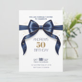 50歳の誕生日 ブルー ゴールド リボン エレガント クラシック  招待状 (スタンド正面)