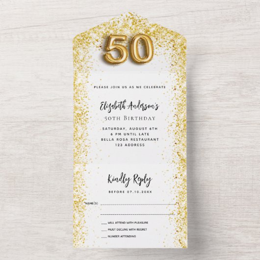 50歳の誕生日 ホワイトゴールドパーティー 出欠確認 オールインワン招待状 (内側)