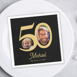 50歳の誕生日 モダンな2枚の写真 ブラックとゴールド スタンダードカクテルナプキン