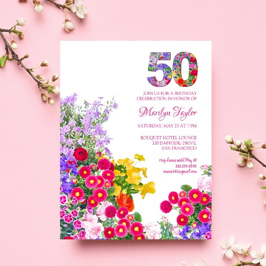 50歳の誕生日 モダン フラワー 招待状 ポストカード