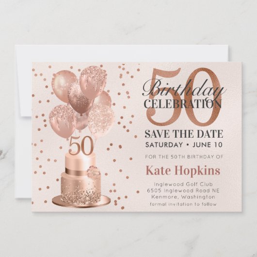 50歳の誕生日 ローズゴールドケーキ Save The Date セーブザデート (正面)