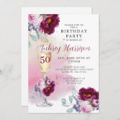 50歳の誕生日 ワインボトルと花の装飾 誕生日 招待状 (正面/裏面)