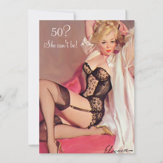 50歳の誕生日、ヴィンテージ セクシー ピンアップ ブラック ランジェリー 招待状 (正面)