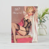 50歳の誕生日、ヴィンテージ セクシー ピンアップ ブラック ランジェリー 招待状 (スタンド正面)