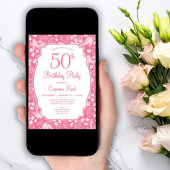 50歳の誕生日 上品なピンクの花と女性らしい鳥のデザイン 招待状
