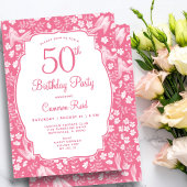 50歳の誕生日 上品なピンクの花と女性らしい鳥のデザイン 招待状