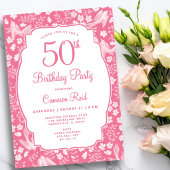 50歳の誕生日 上品なピンクの花と女性らしい鳥のデザイン 招待状