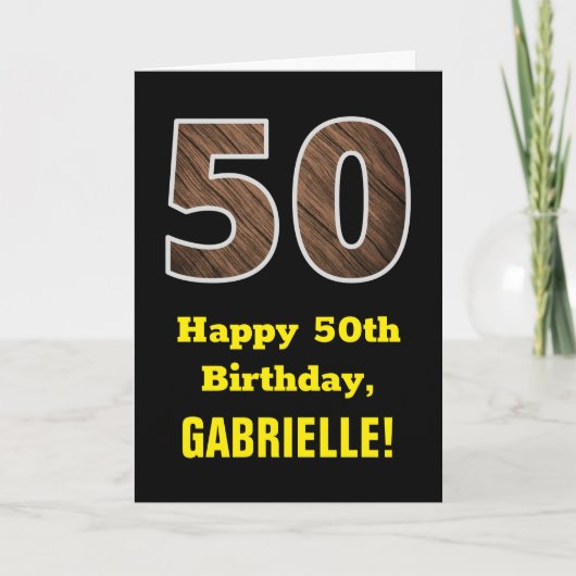 50歳の誕生日:名前、偽の木目模様の「50」 カード (正面)