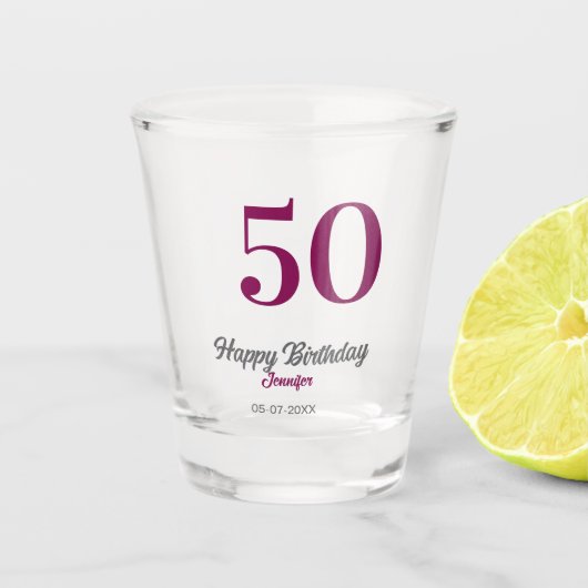 50歳の誕生日 名前 日付 くすんだ紫 テンプレート ショットグラス (正面)