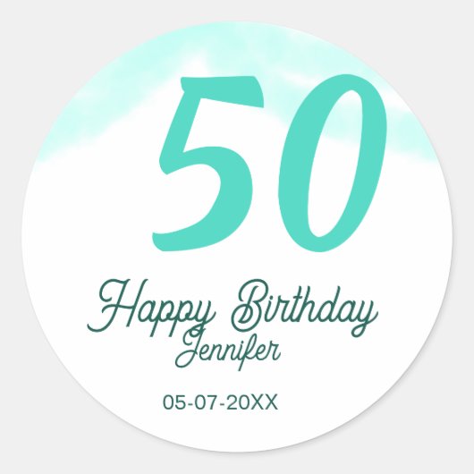 50歳の誕生日 名前 日付 年号 グリーン パステル ボールド ラウンドシール (正面)
