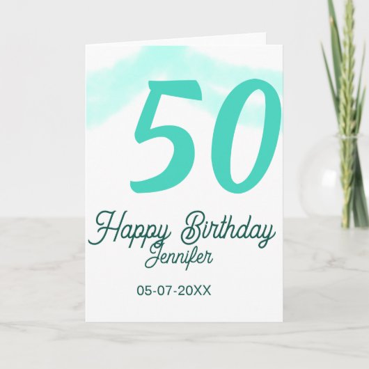 50歳の誕生日 名前 日付 年齢 グリーン パステル ボールド カード (正面)