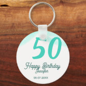 50歳の誕生日 名前 日付 年齢 グリーン パステル ボールド キーホルダー (正面)