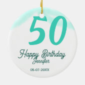50歳の誕生日 名前 日付 年齢 グリーン パステル ボールド セラミックオーナメント (裏面)