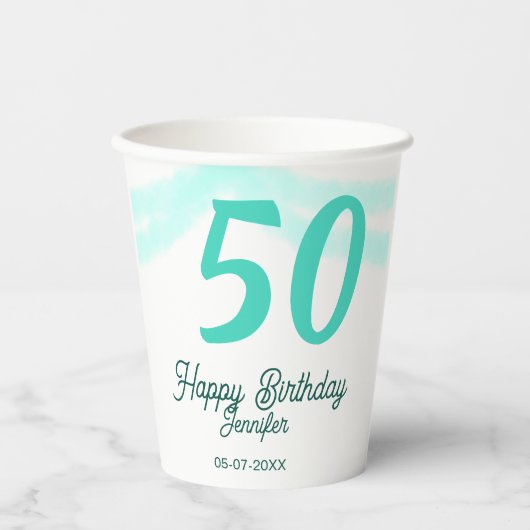 50歳の誕生日 名前 日付 年齢 グリーン パステル ボールド 紙コップ (正面)
