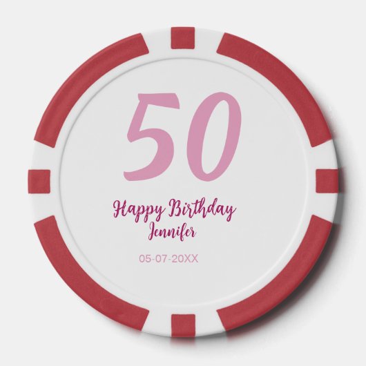 50歳の誕生日 名前 日付 年齢 ピンク 赤 太字 ポーカーチップ (正面)