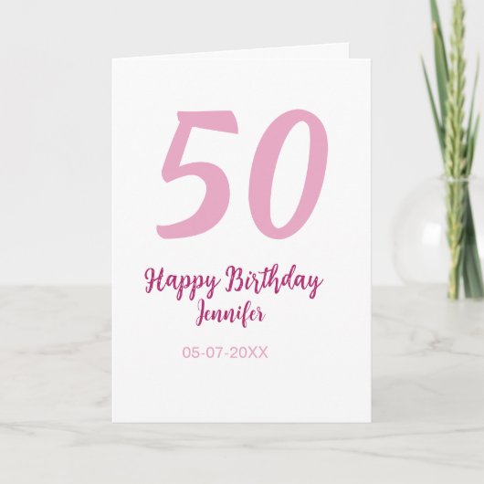 50歳の誕生日 名前 日付 年 ピンク 赤 太字 カード (正面)