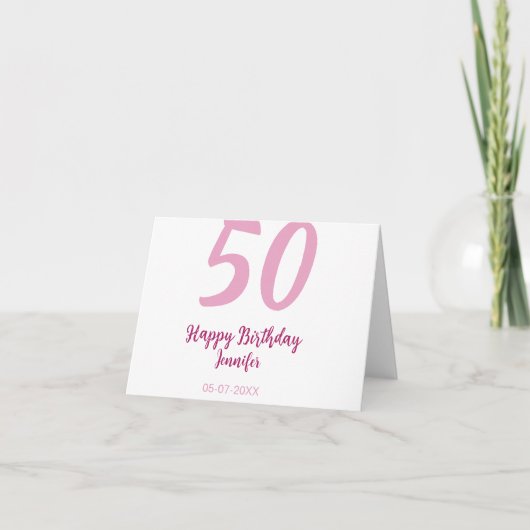 50歳の誕生日 名前 日付 年 ピンク 赤 太字 サンキューカード (正面)