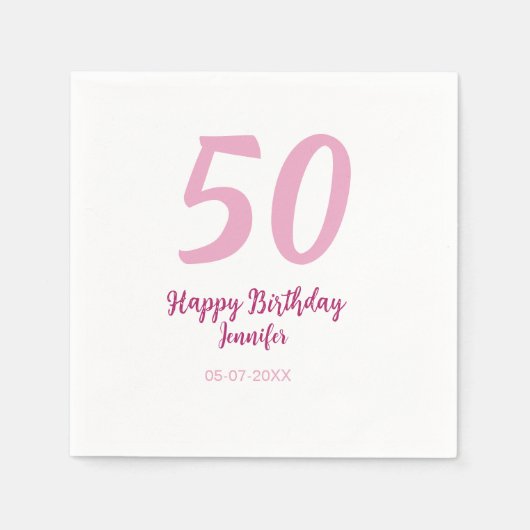 50歳の誕生日 名前 日付 年 ピンク 赤 太字 スタンダードカクテルナプキン (正面)