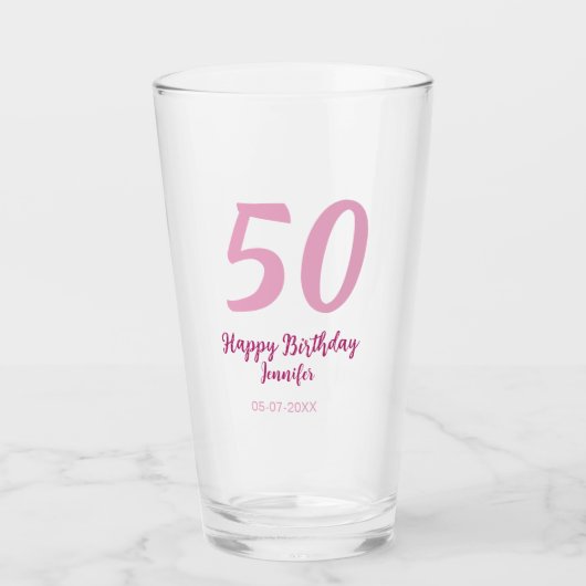 50歳の誕生日 名前 日付 年 ピンク 赤 太字 タンブラーグラス (正面)