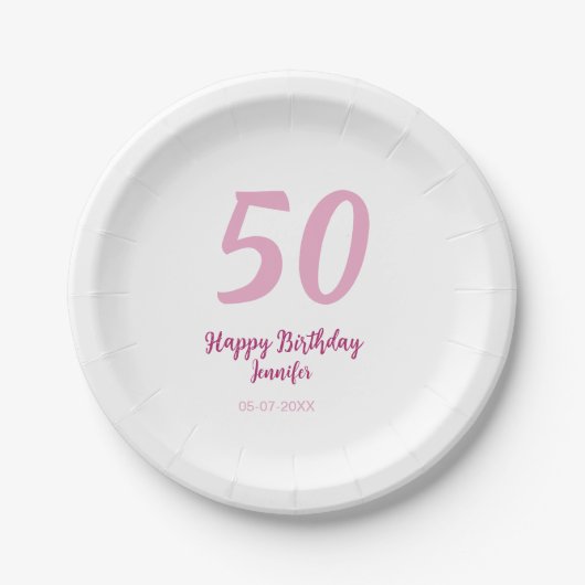 50歳の誕生日 名前 日付 年 ピンク 赤 太字 ペーパープレート (正面)