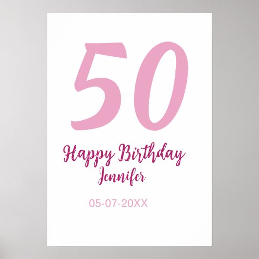50歳の誕生日 名前 日付 年 ピンク 赤 太字 ポスター (正面)