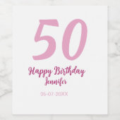 50歳の誕生日 名前 日付 年 ピンク 赤 太字 ワインラベル (シングルラベル)