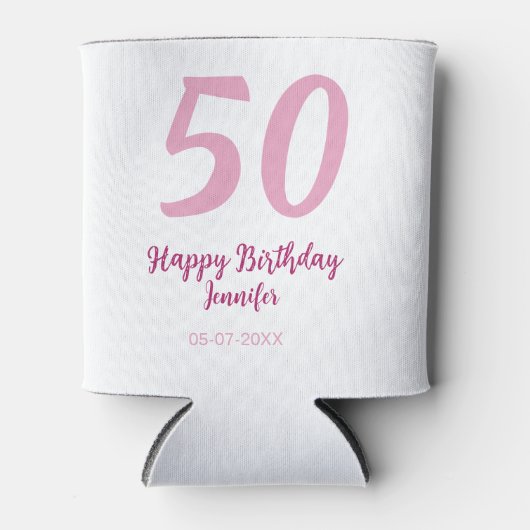 50歳の誕生日 名前 日付 年 ピンク 赤 太字 缶クーラー (正面)